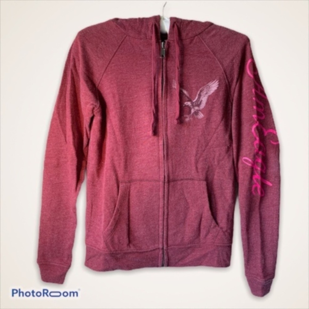 American Eagle Full Zip Fleece Hoodie Burgundy XS LOGO Super Soft